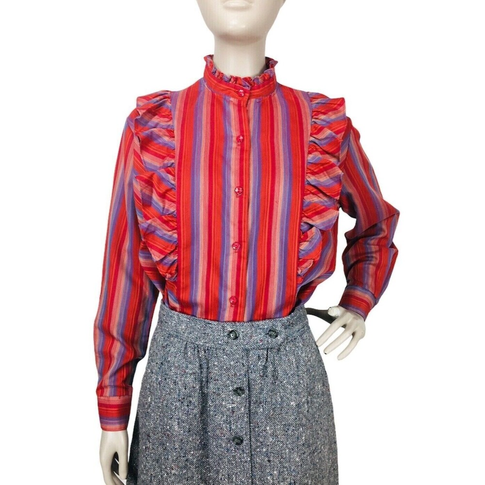 Vintage 70's Western Prairie Striped High Neck Ruffle Front Button-Down Blouse